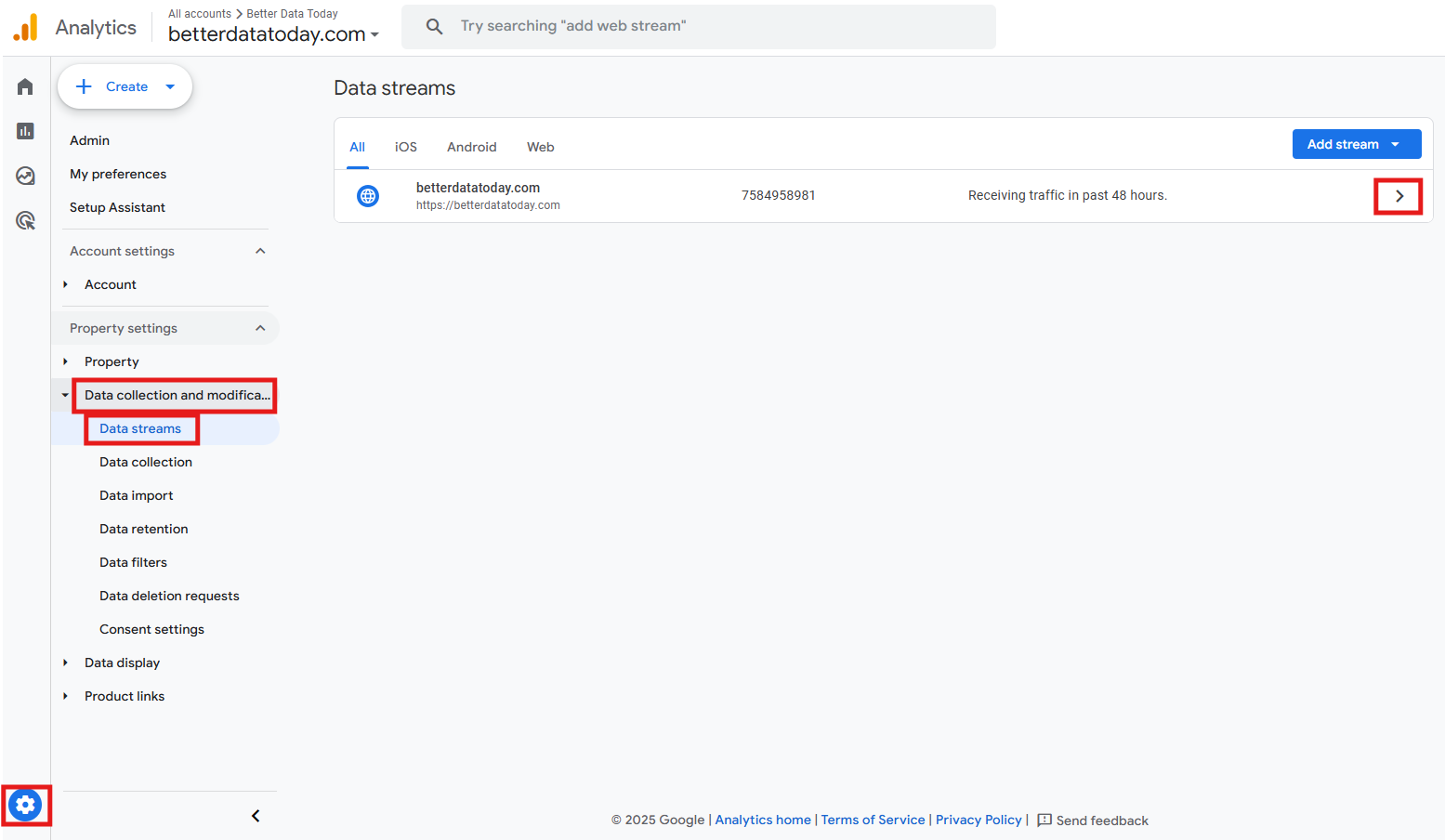 GA4 Admin panel showing Data collection and modification > Data streams menu