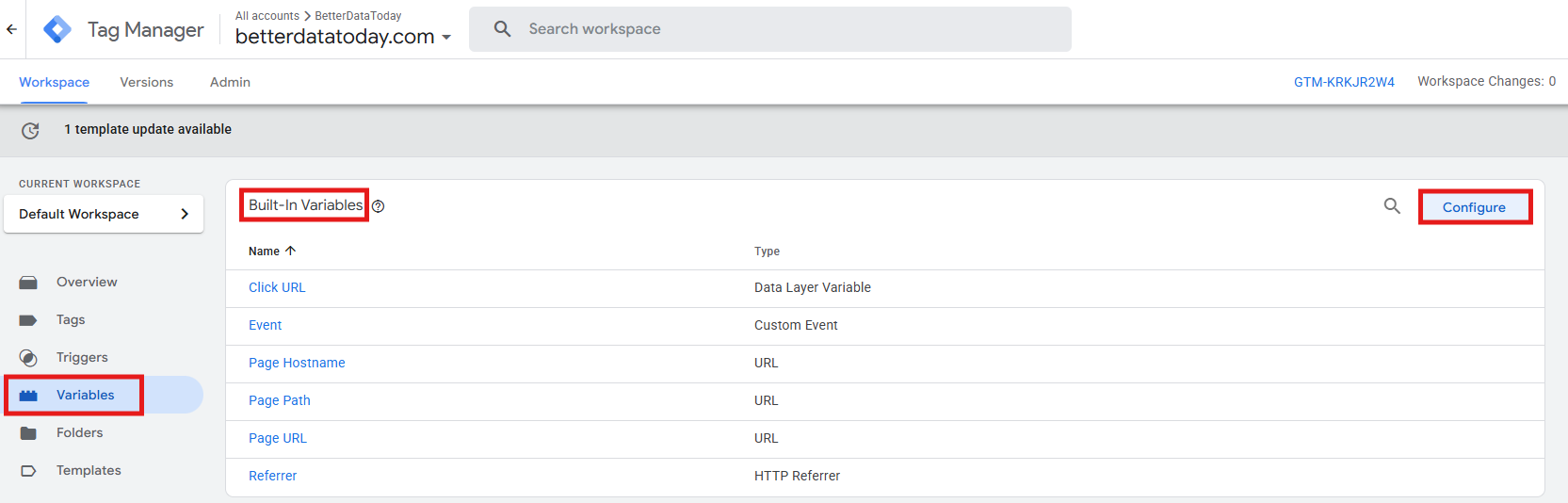 GTM Variables panel showing the Configure button in the Built-in Variables section