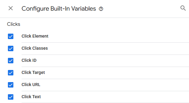 GTM Built-in Variables panel with all Clicks category variables enabled