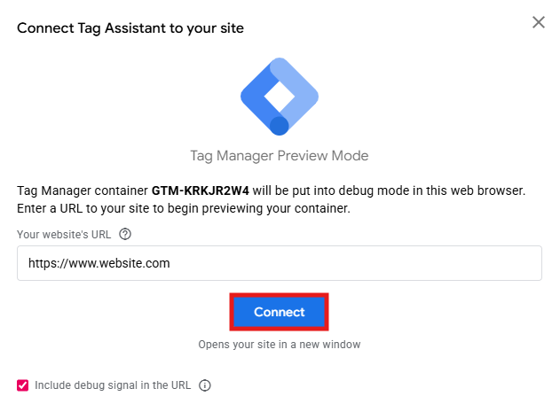 Tag Assistant showing website URL input field and Connect button