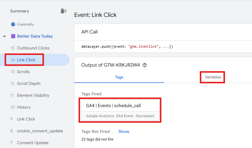 GTM Preview panel showing a Link Click event selected and Variables tab