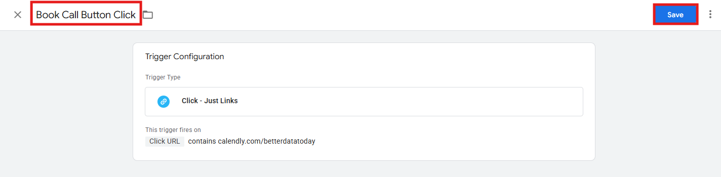 GTM Trigger Configuration panel showing Just Links and All Elements options