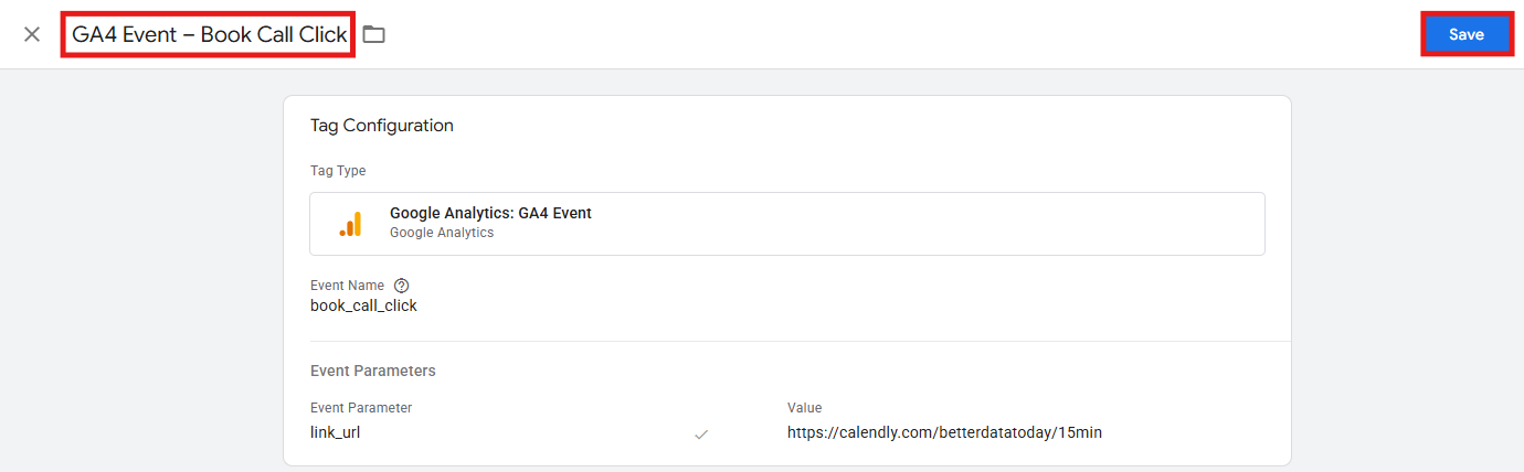 GTM Event Parameters section showing link_url, link_text, and page_location parameters added