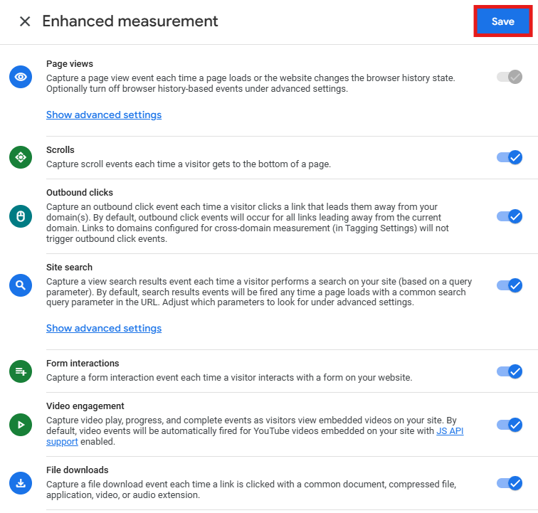 Enhanced Measurement settings panel showing individual event toggles and Save button