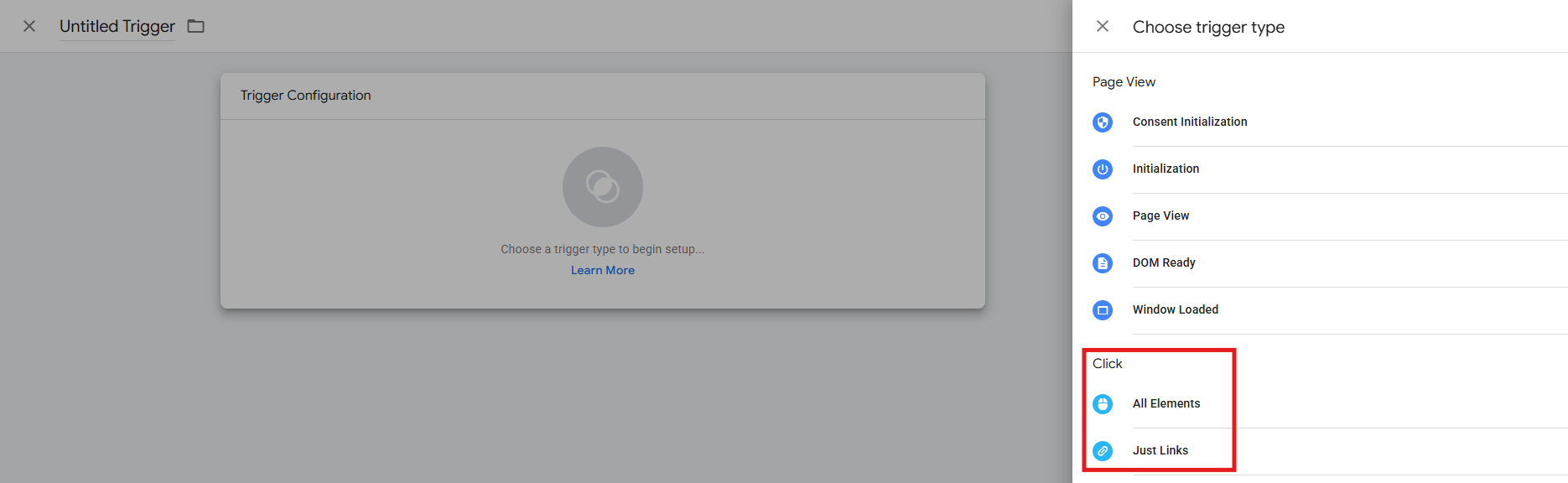 GTM Trigger Configuration panel showing Just Links and All Elements options
