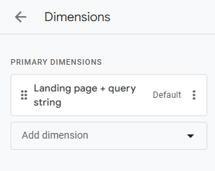 Dimensions panel with Landing page + query string set as primary dimension
