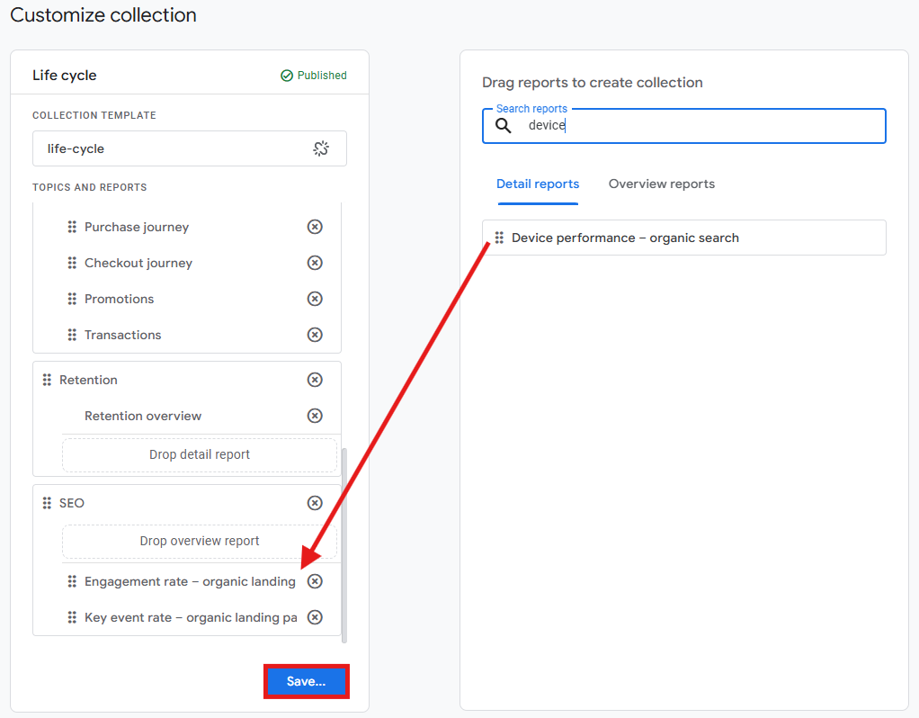 GA4 Library editor with the Device performance report being added to the SEO topic