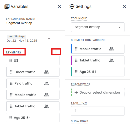 Segments panel in Explore with the + button highlighted