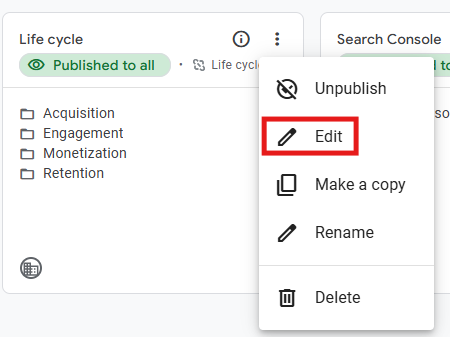 Edit button highlighted on the selected collection