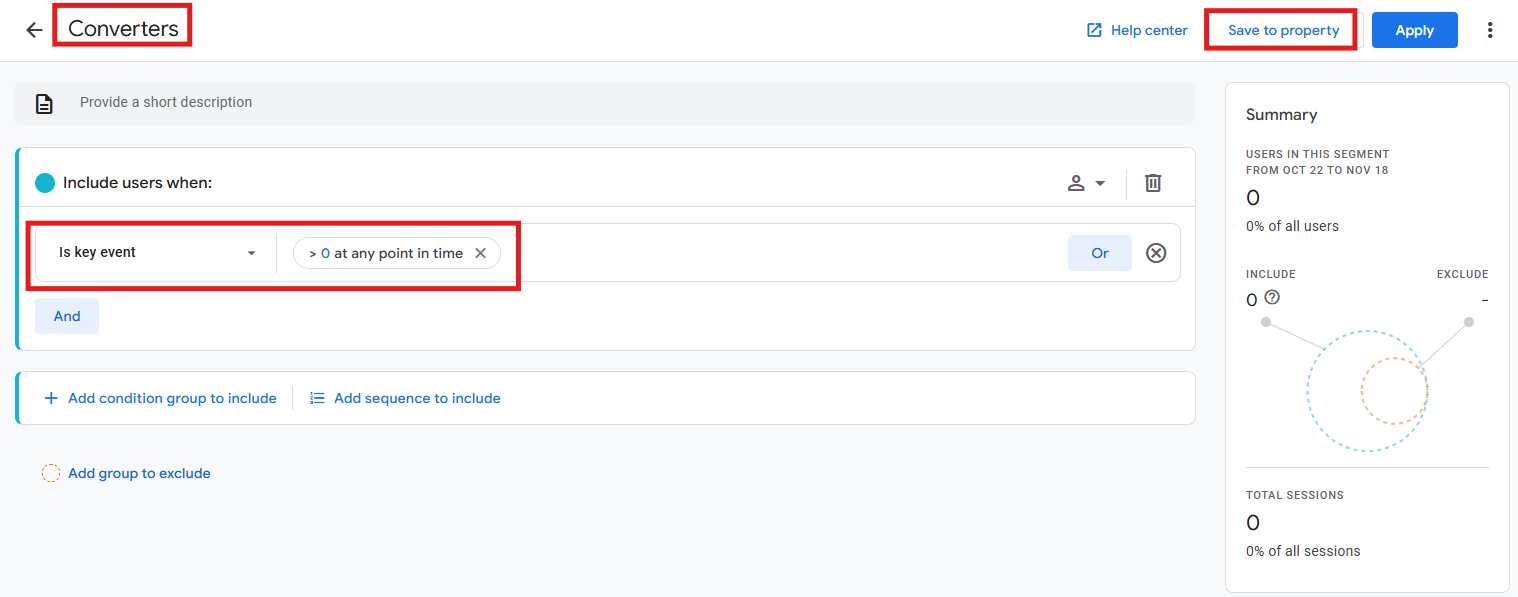Segment builder with Key event greater than 0 condition for Converters segment