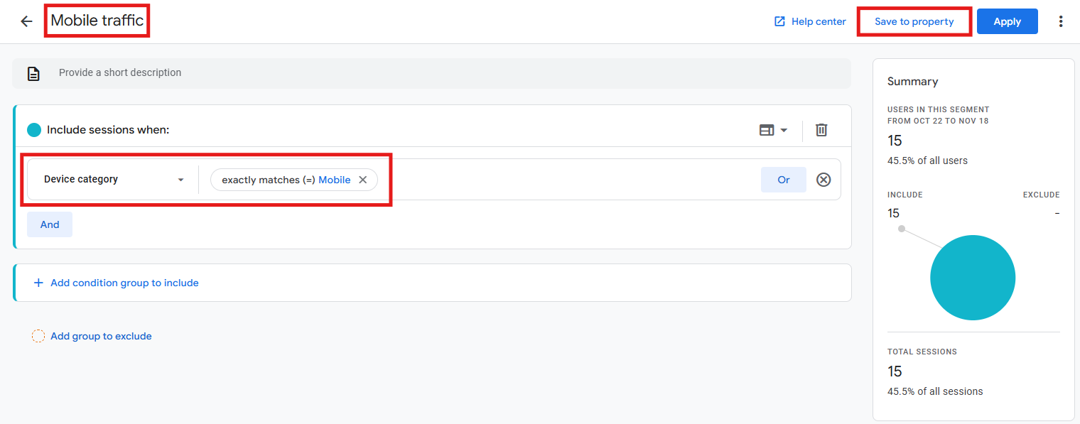 Segment builder with Device category exactly matches mobile condition