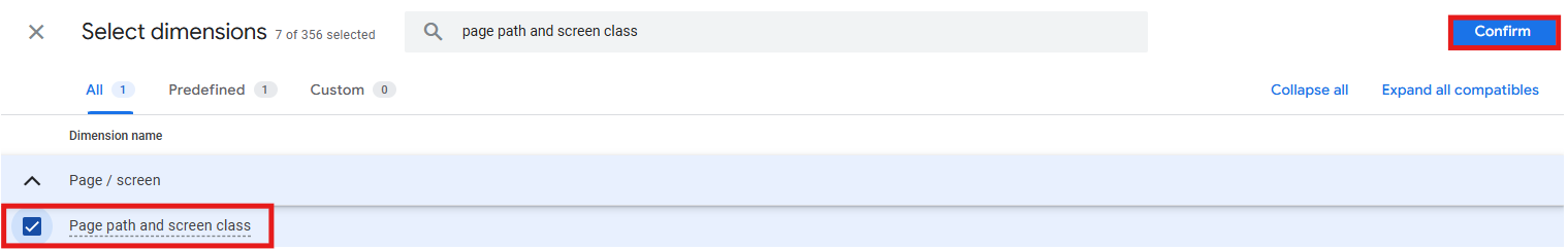 Dimension search showing Page path and screen class with Confirm button