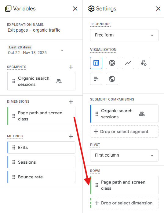 Exploration settings with Page path and screen class dragged to Rows