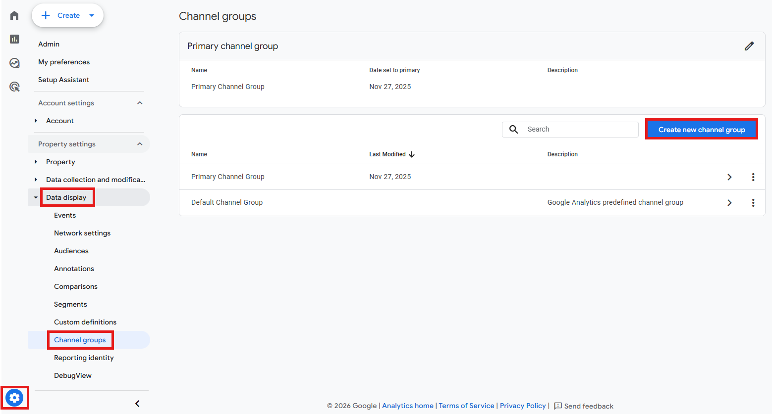 GA4 Admin Channel groups screen with Create new channel group button