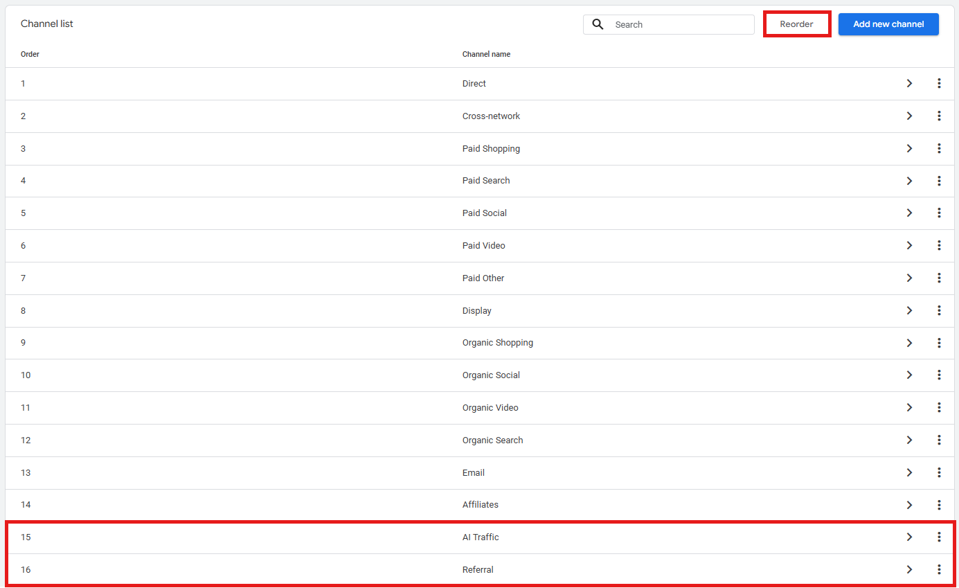 GA4 channel group reorder screen with AI Traffic channel being dragged above Referral