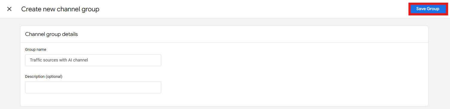 GA4 channel group editor with Save Group button highlighted
