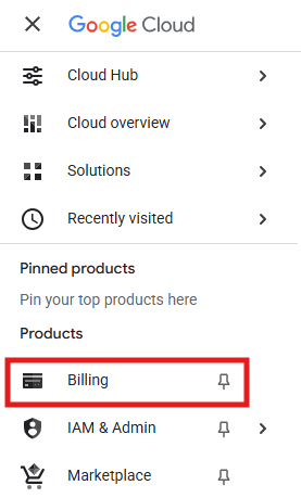 Billing option in the Google Cloud Console navigation menu