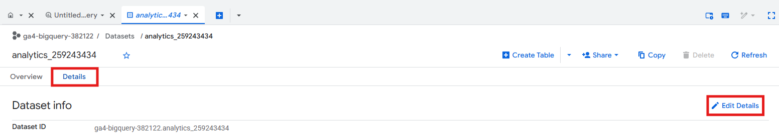 Details tab with Edit Details button in BigQuery dataset settings