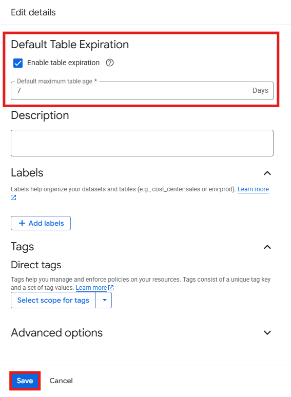 Default Table Expiration setting with number of days field in BigQuery