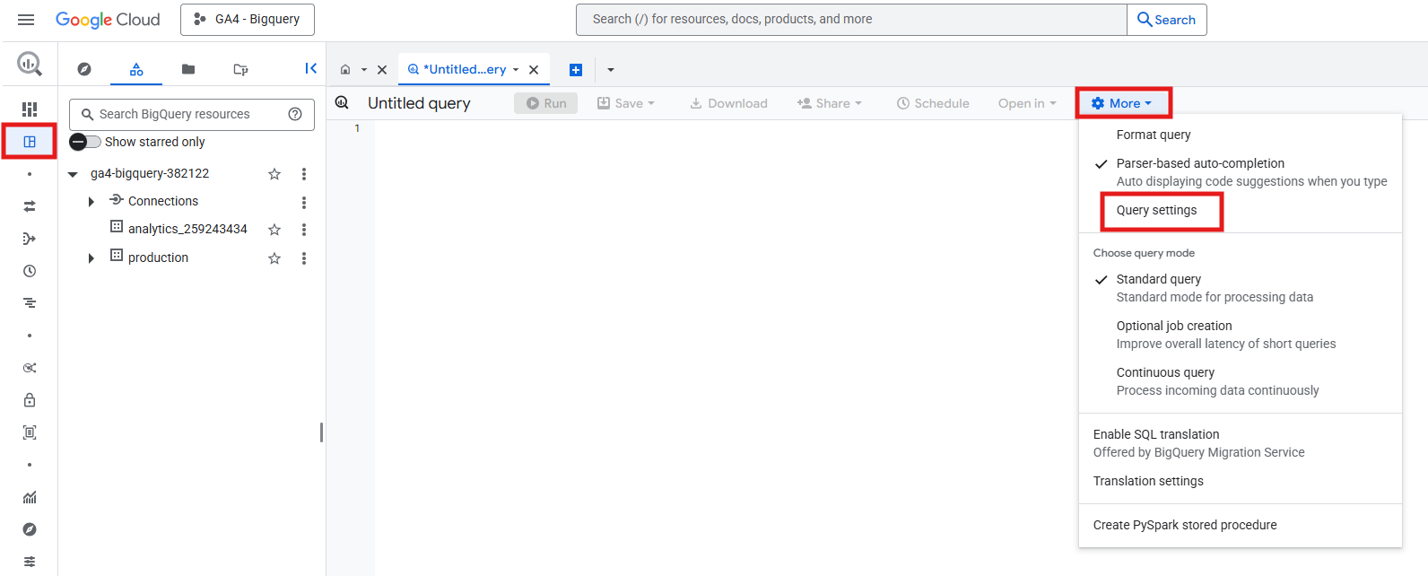 BigQuery Studio showing the More menu with Query settings option