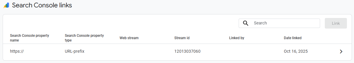 Search Console links list showing the newly created link