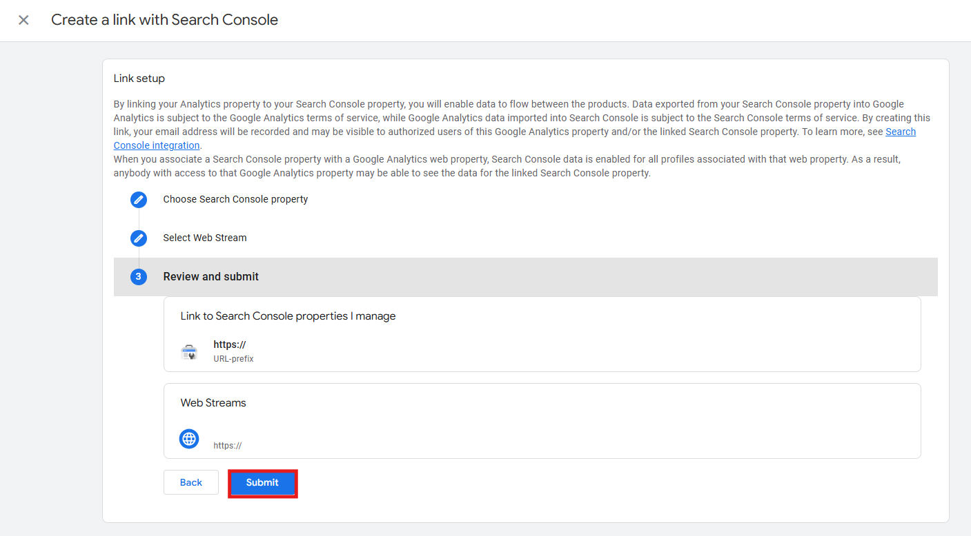 Review and Submit screen for the GA4 Search Console link