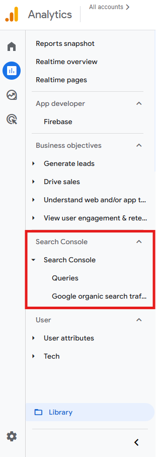 GA4 left menu showing the new Search Console section with Queries and Google organic search traffic reports