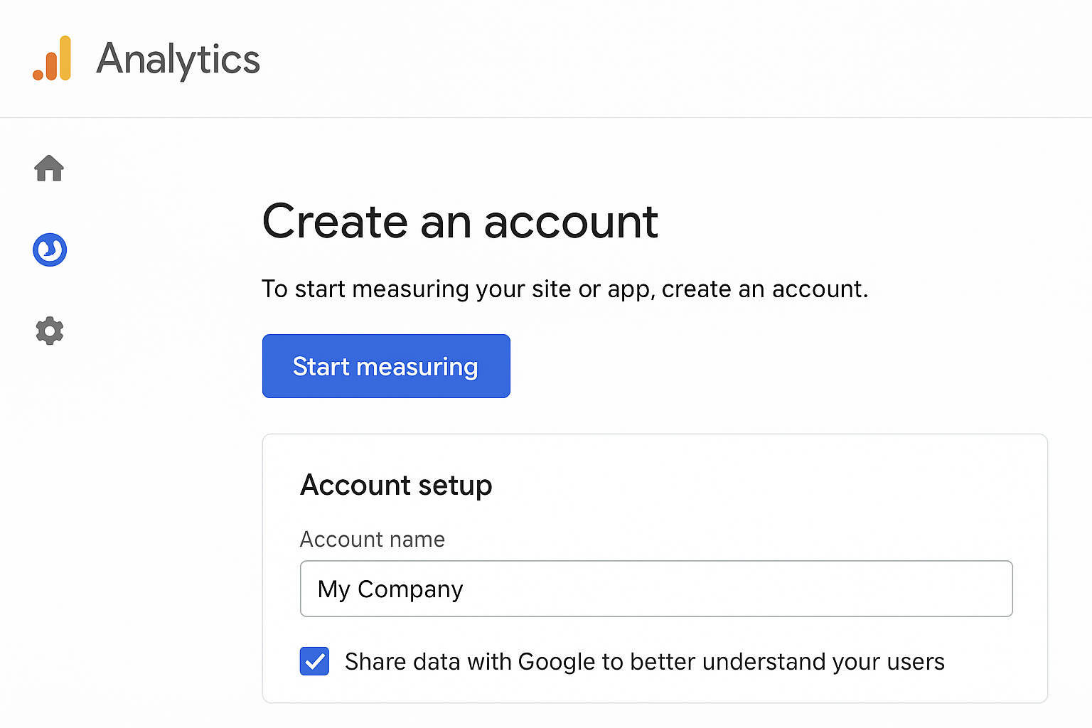 GA4 interface showing the Start Measuring button to begin creating a new account