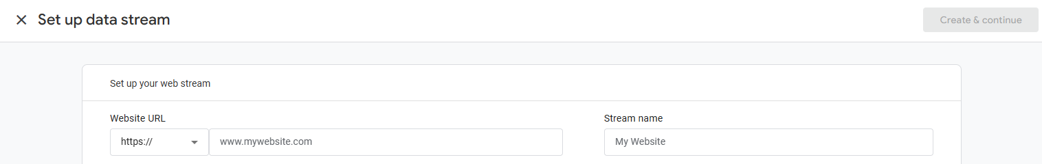 GA4 web stream setup screen with website URL and stream name fields