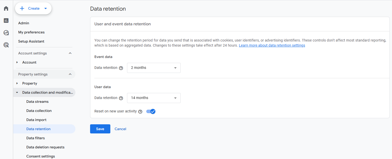 GA4 Data retention settings showing the Event Data Retention option set to 14 months