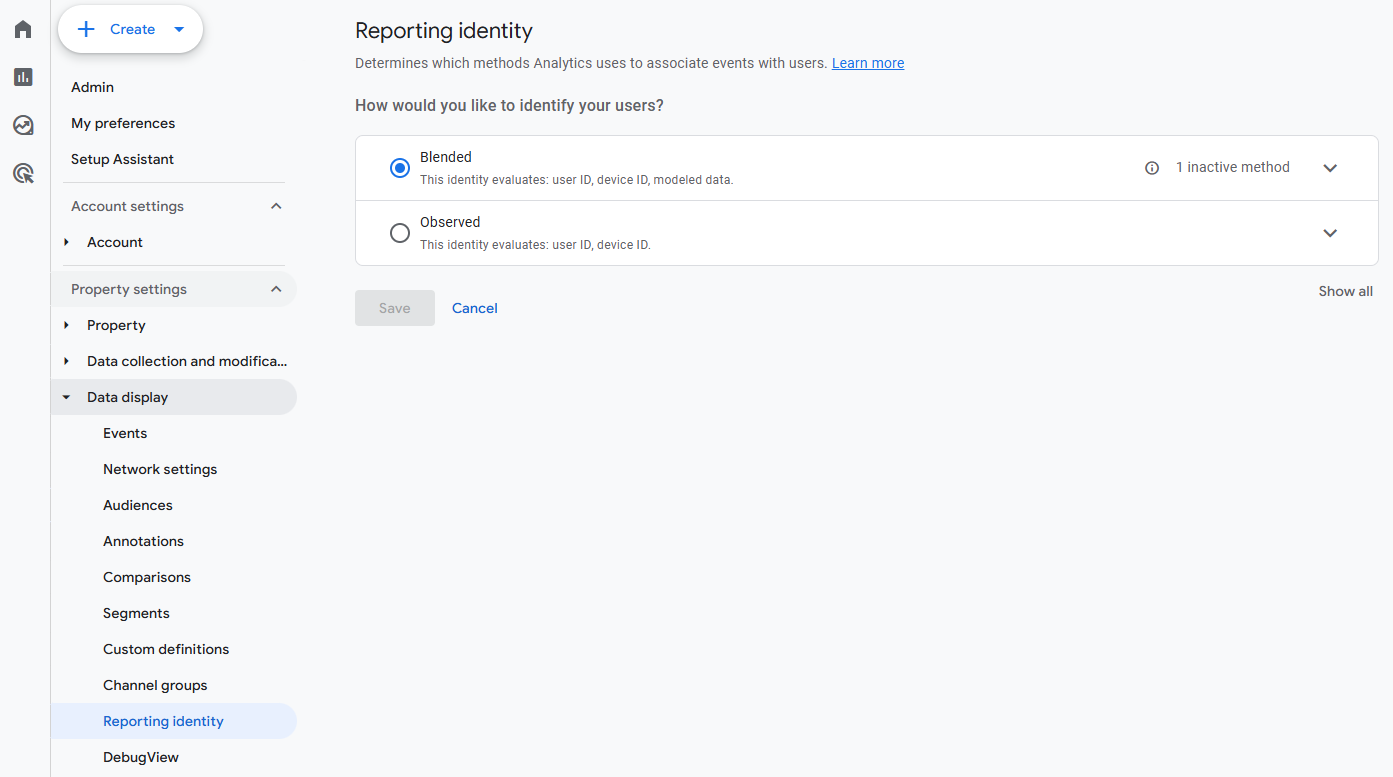 GA4 Reporting identity settings showing the Blended option selected