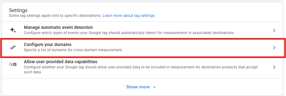 GA4 Configure tag settings panel showing the Configure your domains option