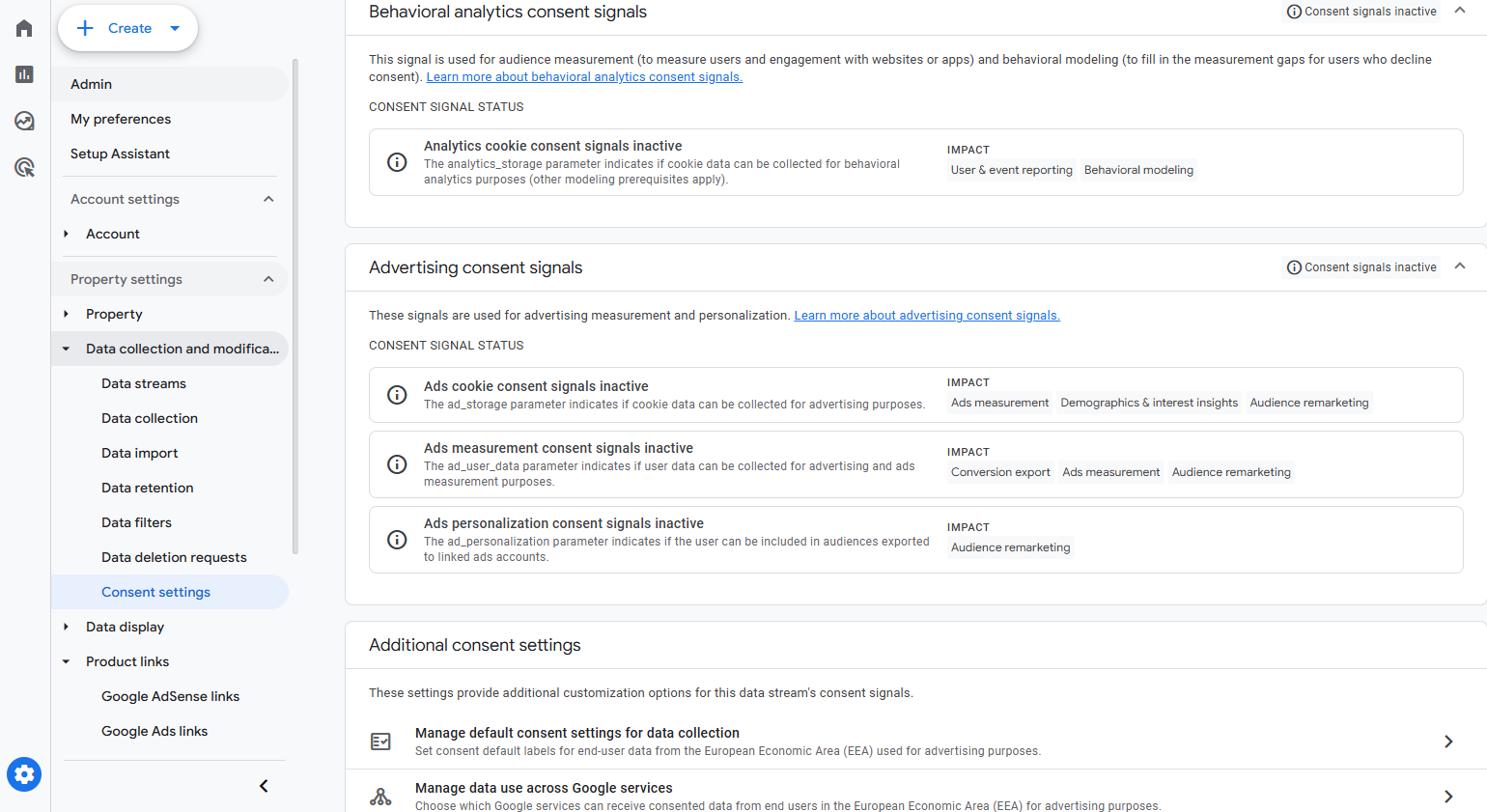GA4 Consent settings screen showing consent mode configuration options for data streams