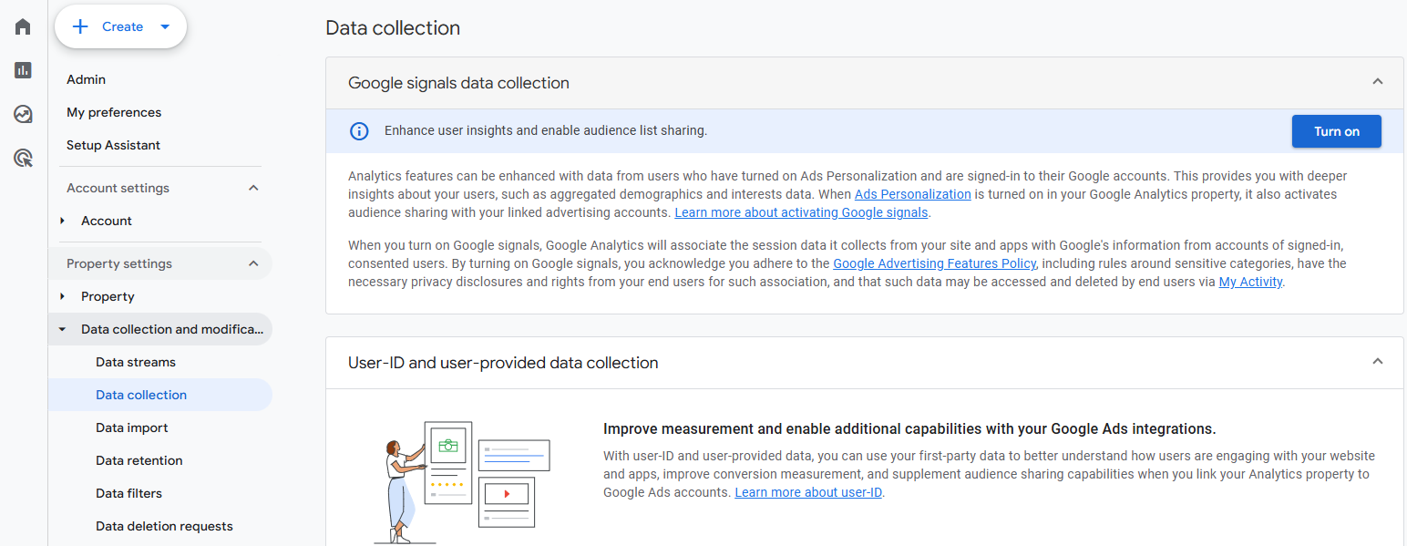 GA4 Data collection settings showing the Google signals data collection toggle