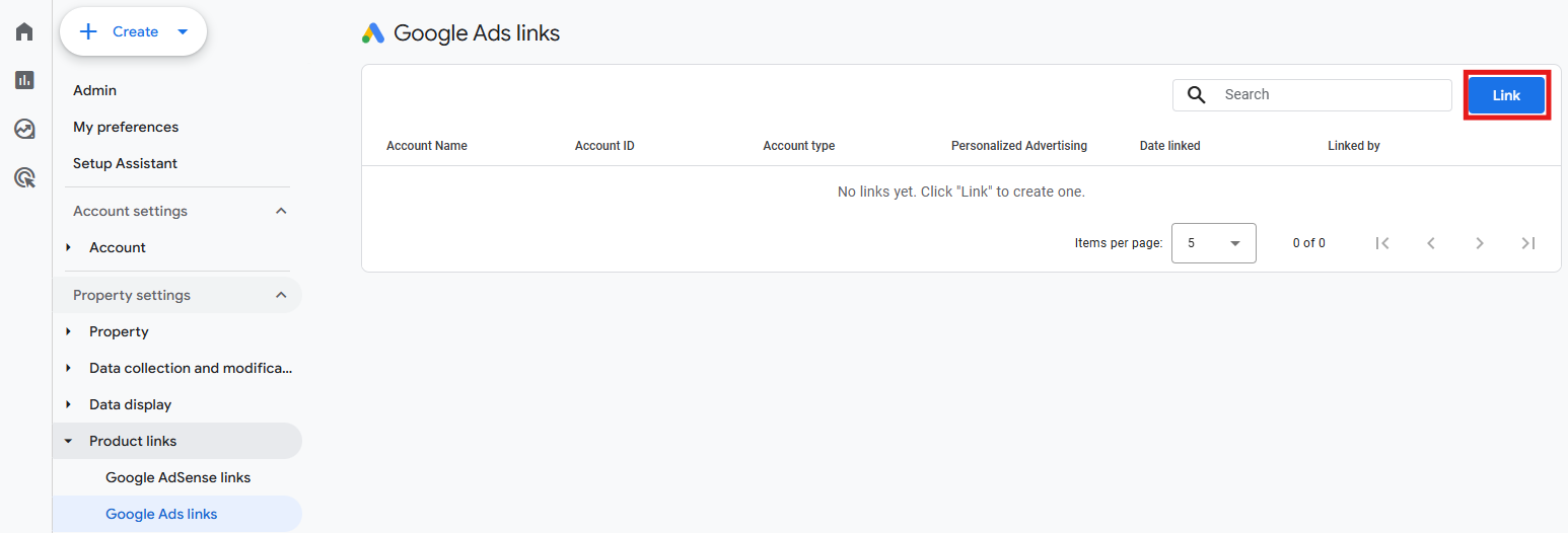GA4 Product links panel showing the Google Ads links option