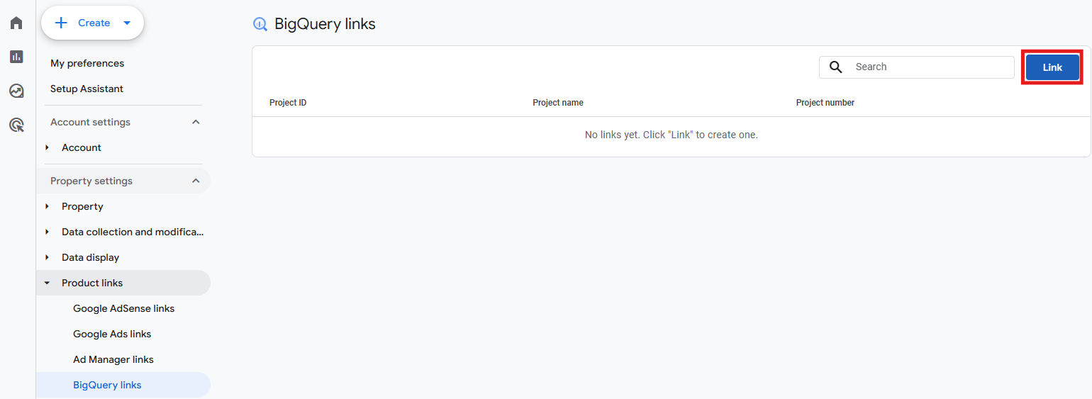 GA4 Product links panel showing the BigQuery links option