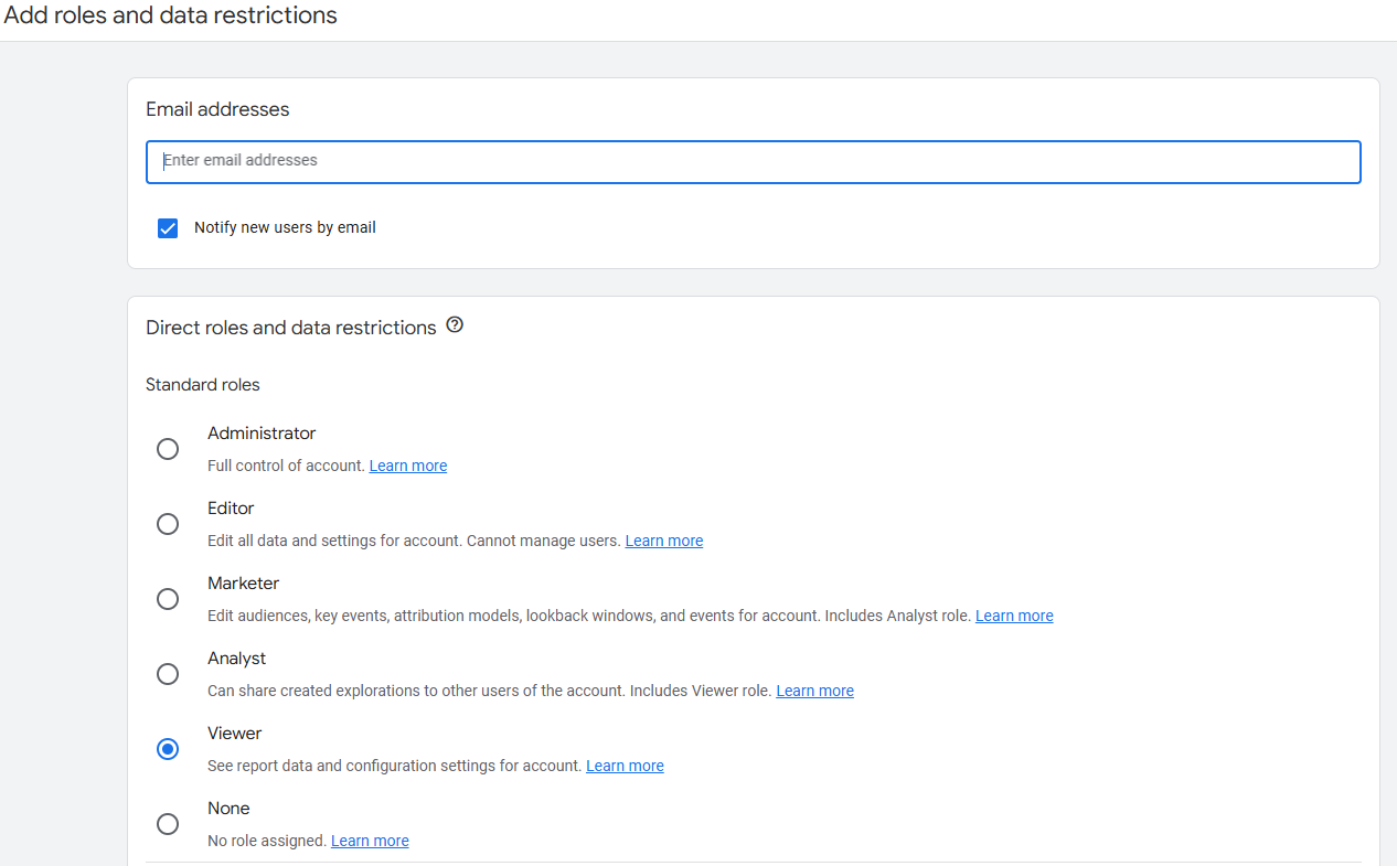 GA4 user invitation screen showing the role options including Administrator, Editor, Marketer, Analyst, and Viewer
