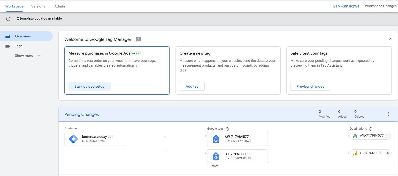 GTM overview dashboard showing a condensed single table with modified, added, and deleted entities and a Google tag destinations map