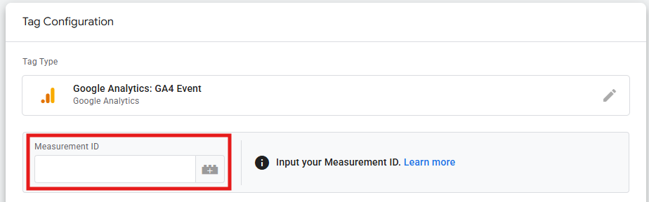 GTM GA4 Event tag showing the Measurement ID field