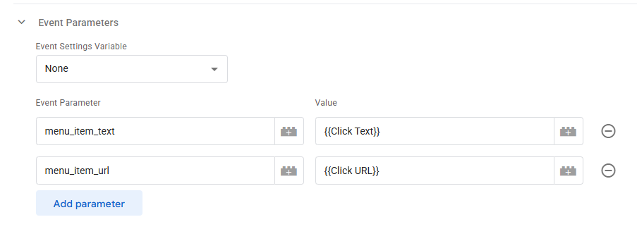 GTM Event Parameters section showing menu_item_text and menu_item_url parameters with their respective Click Text and Click URL variable values