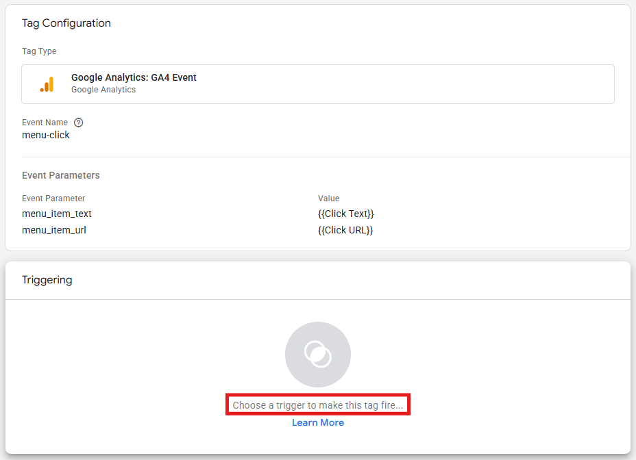 GTM Triggering section showing the Menu Link Clicks trigger attached to the tag