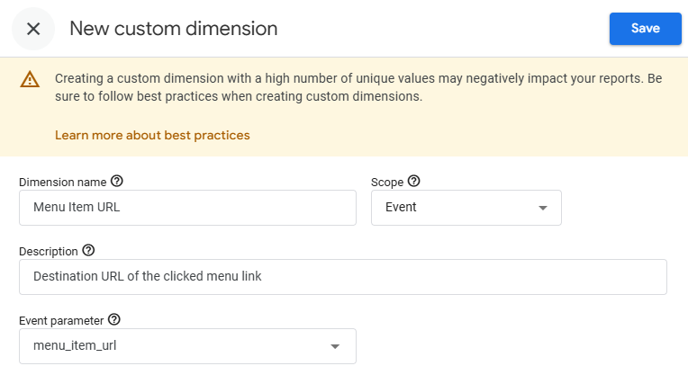 GA4 Create custom dimension form filled in for Menu Item URL with Event scope and menu_item_url as the event parameter