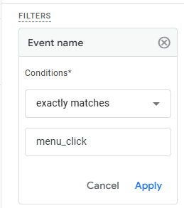 GA4 Exploration Filter section showing the condition Event name exactly matches menu_click