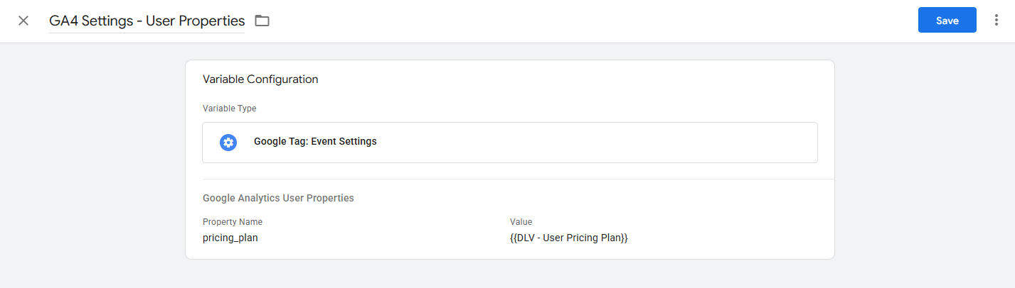 GTM Variable configuration showing a Google Tag Event Settings variable with pricing_plan user property added