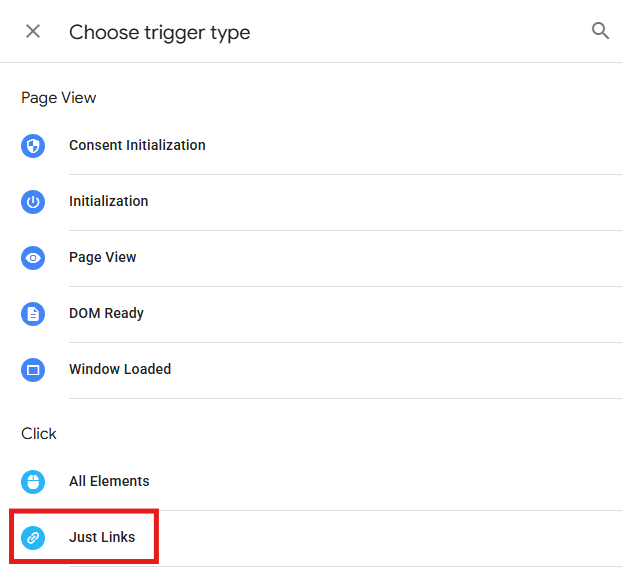 GTM Trigger Configuration panel with Just Links selected as the trigger type