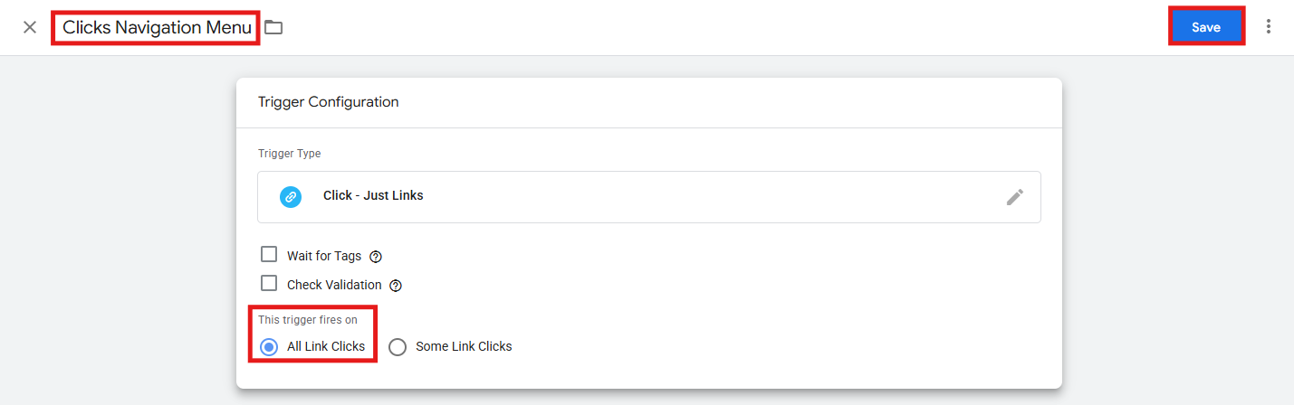 GTM trigger set to fire on All Link Clicks with the trigger name field filled in