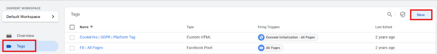 GTM Tags section with the New button to create a tag