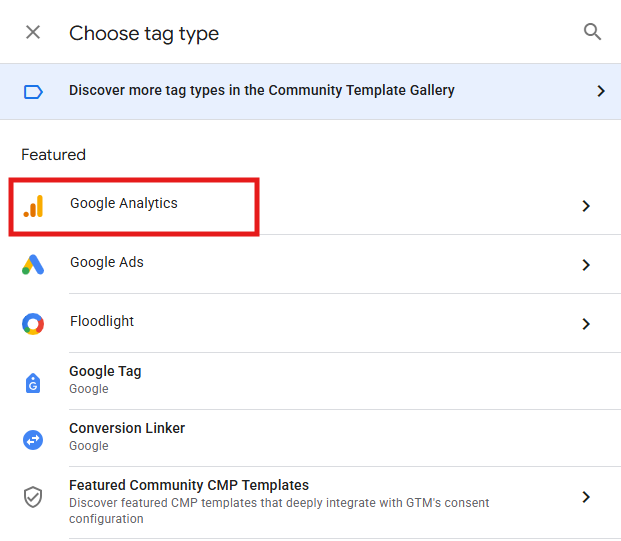GTM Tag Configuration panel showing the tag type selection
