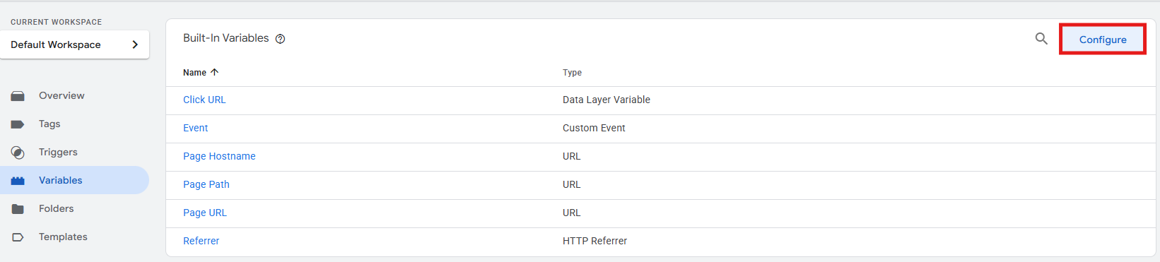 GTM Variables panel showing the Built-In Variables Configure option