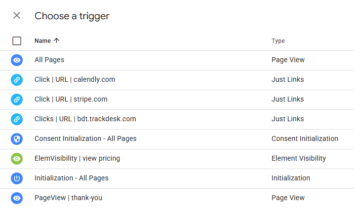 GTM trigger selection panel showing available triggers for the GA4 Event tag